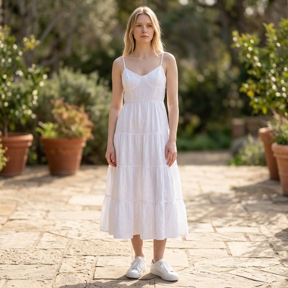 Romantic Midi Dress L White Tiered Smocked Flowy Coastal Grandma Bridal Shower